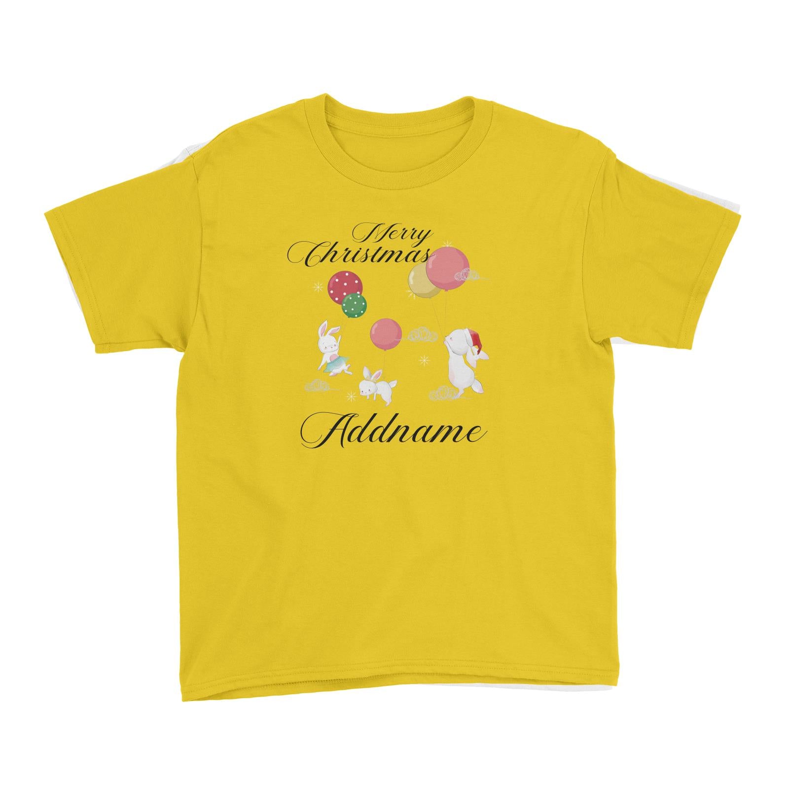 Christmas Cute Rabbits With Balloons Merry Christmas Addname Kid's T-Shirt