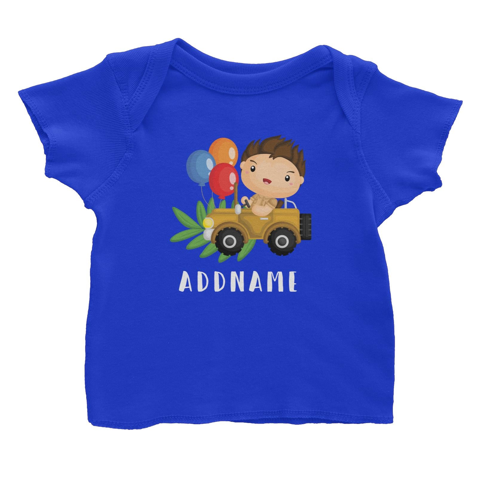 Birthday Safari Explorer Boy Driving Jeep Car Addname Baby T-Shirt