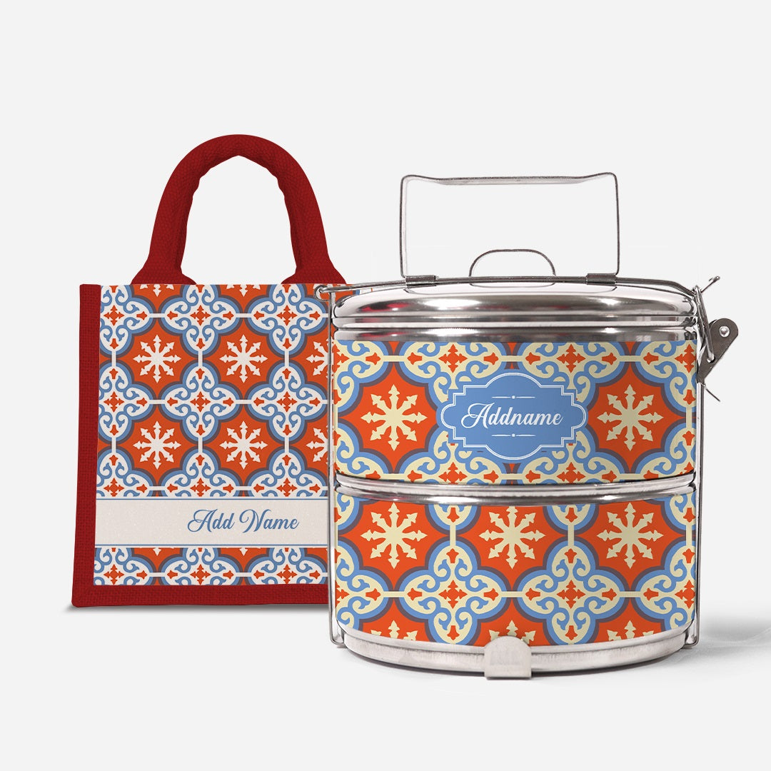 Moroccan Series Standard Two Tier Tiffin With Half Lining Lunch Bag  - Cherqi Red