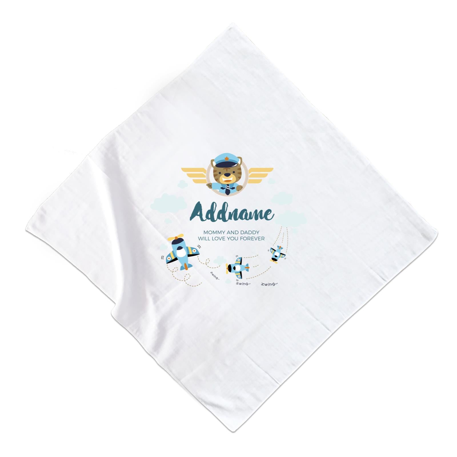 Cute Bear Pilot and Blue Planes Flying Personalizable with Name and Text Muslin Square