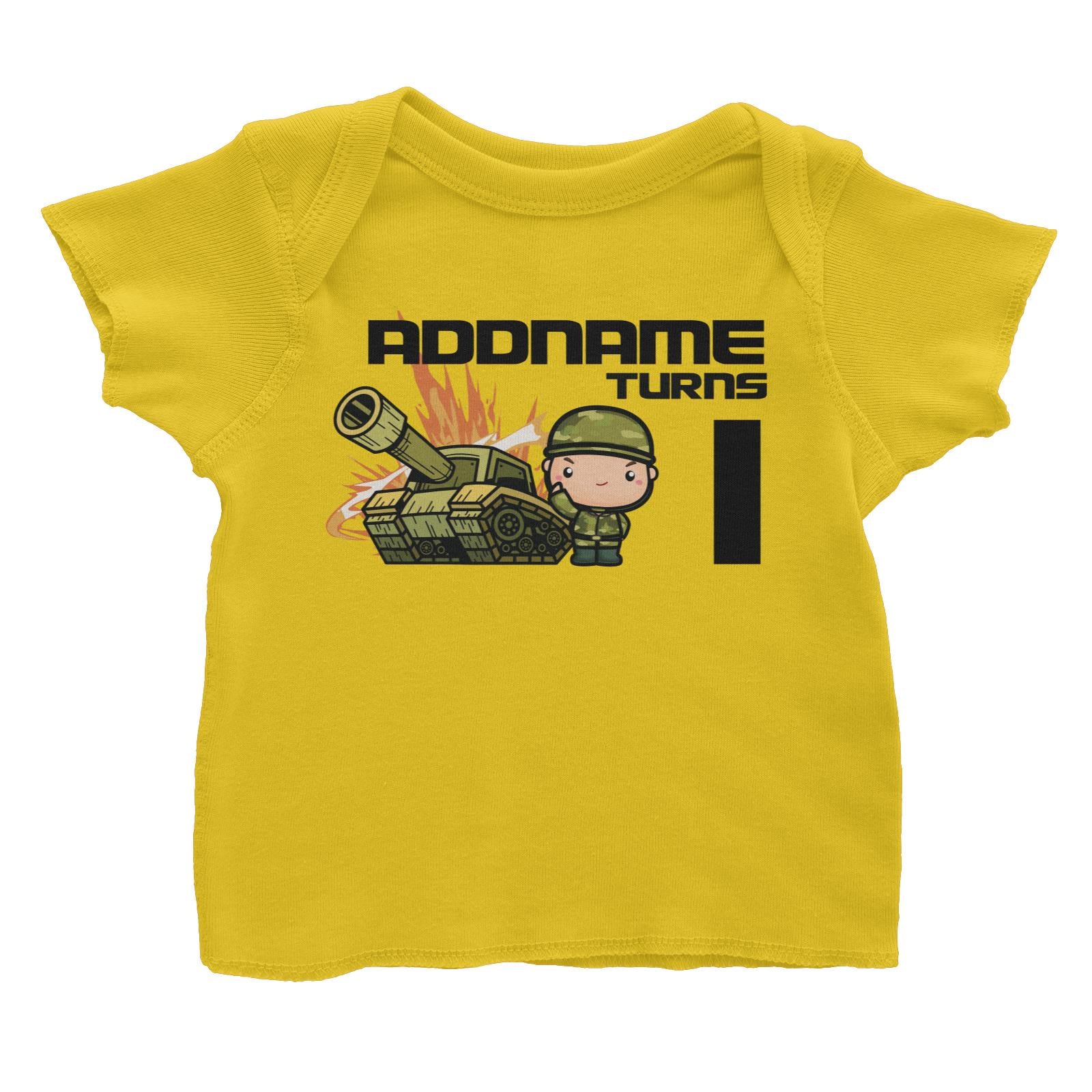 Birthday Battle Theme Tank And Army Soldier Boy Addname Turns 1 Baby T-Shirt