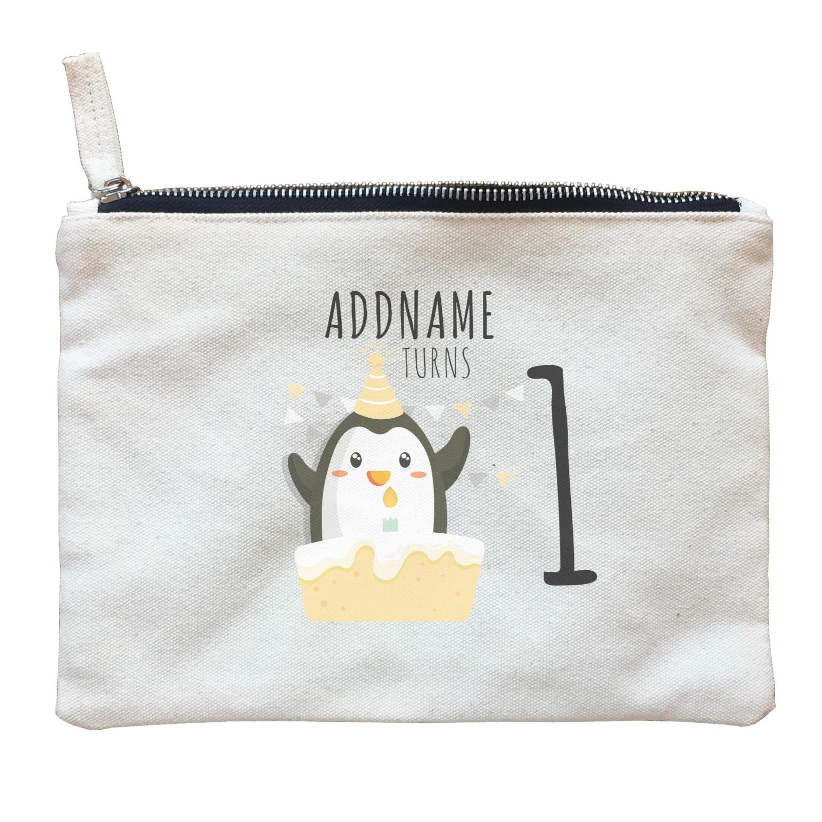 Birthday Cute Penguin And Cake Addname Turns 1 Zipper Pouch