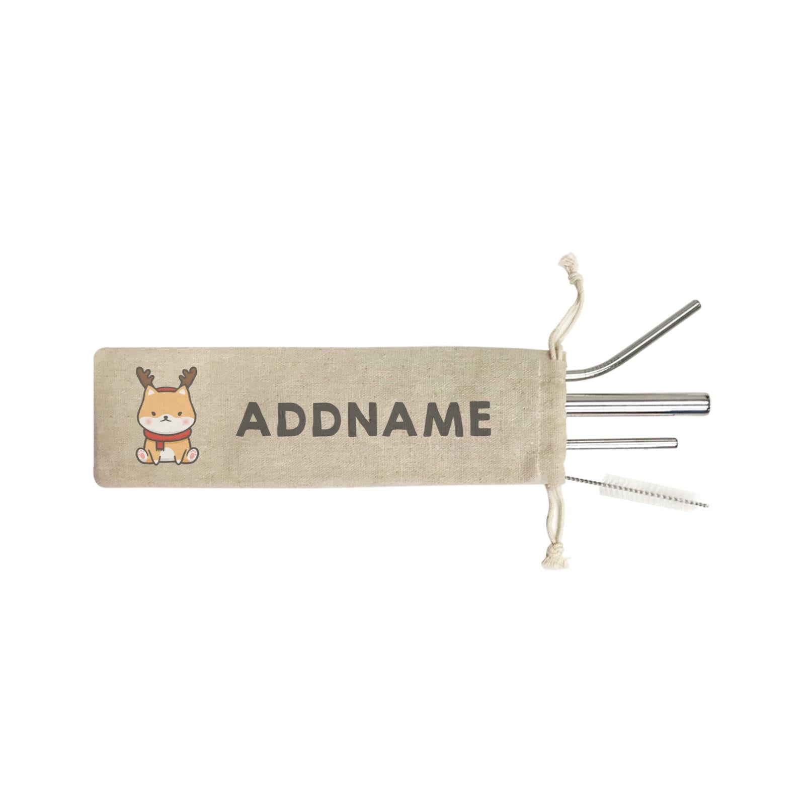 Xmas Cute Shiba Inu Sitting Addname SB 4-in-1 Stainless Steel Straw Set In a Satchel