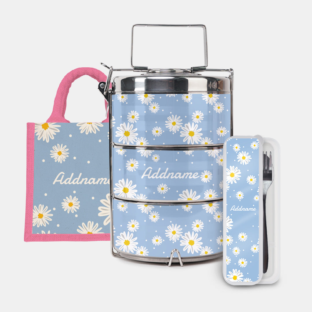 Daisy Series Half Lining Lunch Bag, Premium Tiffin Carrier And Cutlery Set - Frost Light Pink