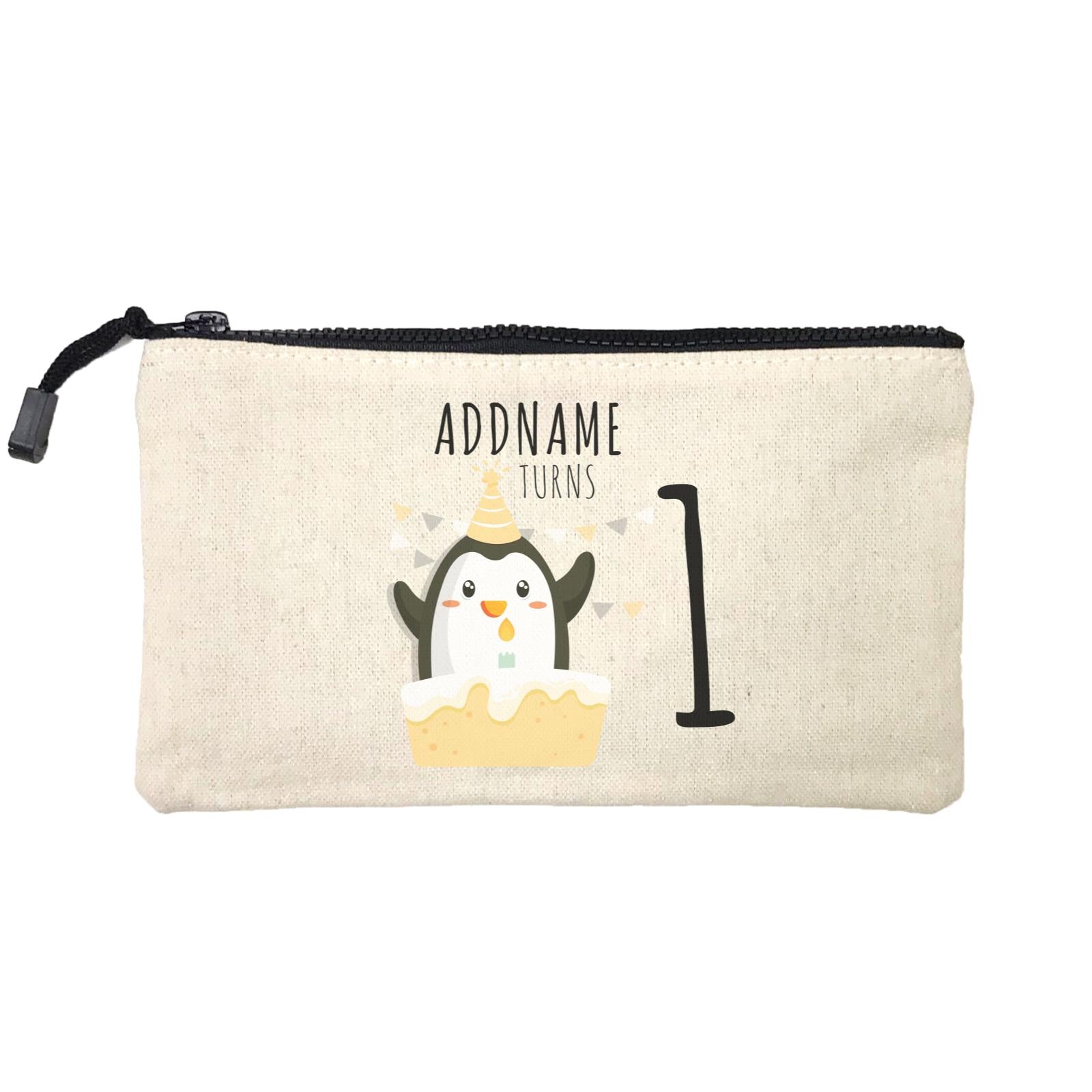 Birthday Cute Penguin And Cake Addname Turns 1 Mini Accessories Stationery Pouch