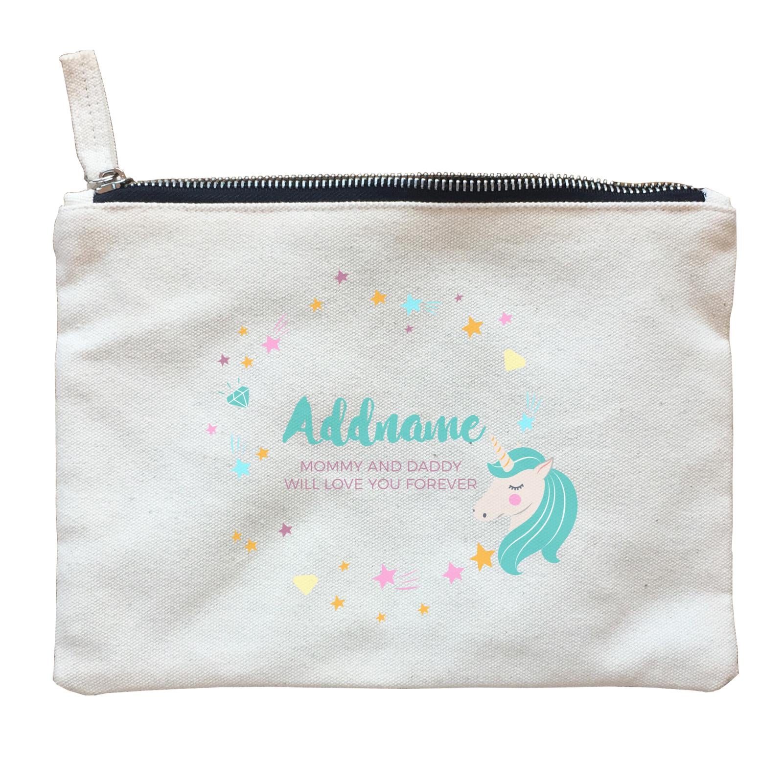 Cute Green Unicorn with Star and Diamond Elements Personalizable with Name and Date Zipper Pouch