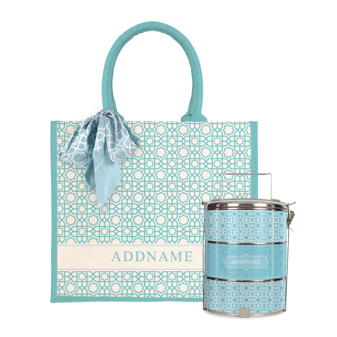 Annas Series -Sky Blue Half Lining Jute Bag with Tiffin Carrier