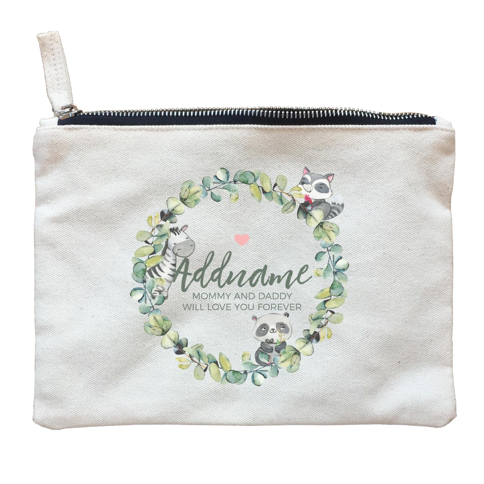 Watercolour Panda Zebra and Racoon Leaf Wreath Personalizable with Name and Text Zipper Pouch