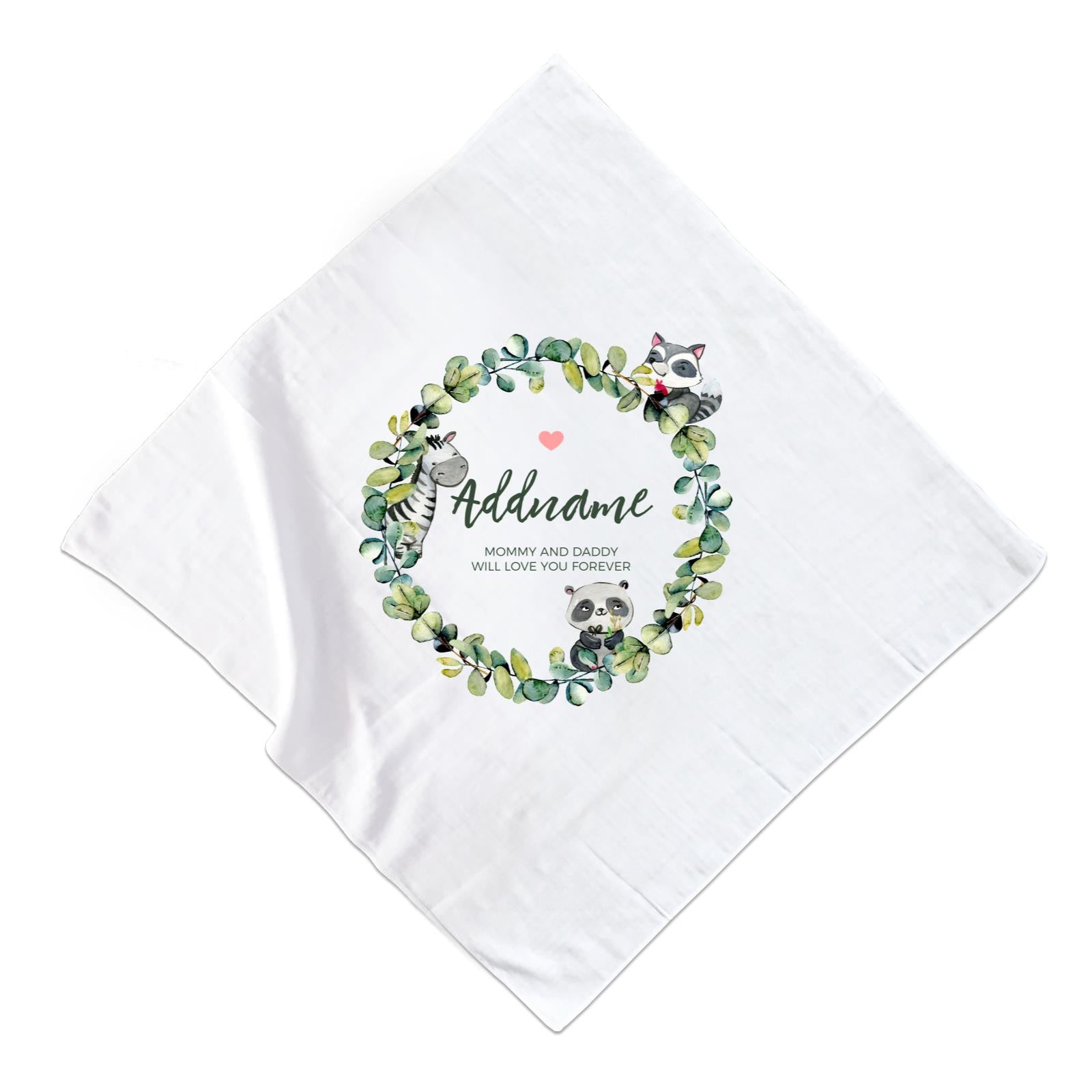 Watercolour Panda Zebra and Racoon Leaf Wreath Personalizable with Name and Text Muslin Square