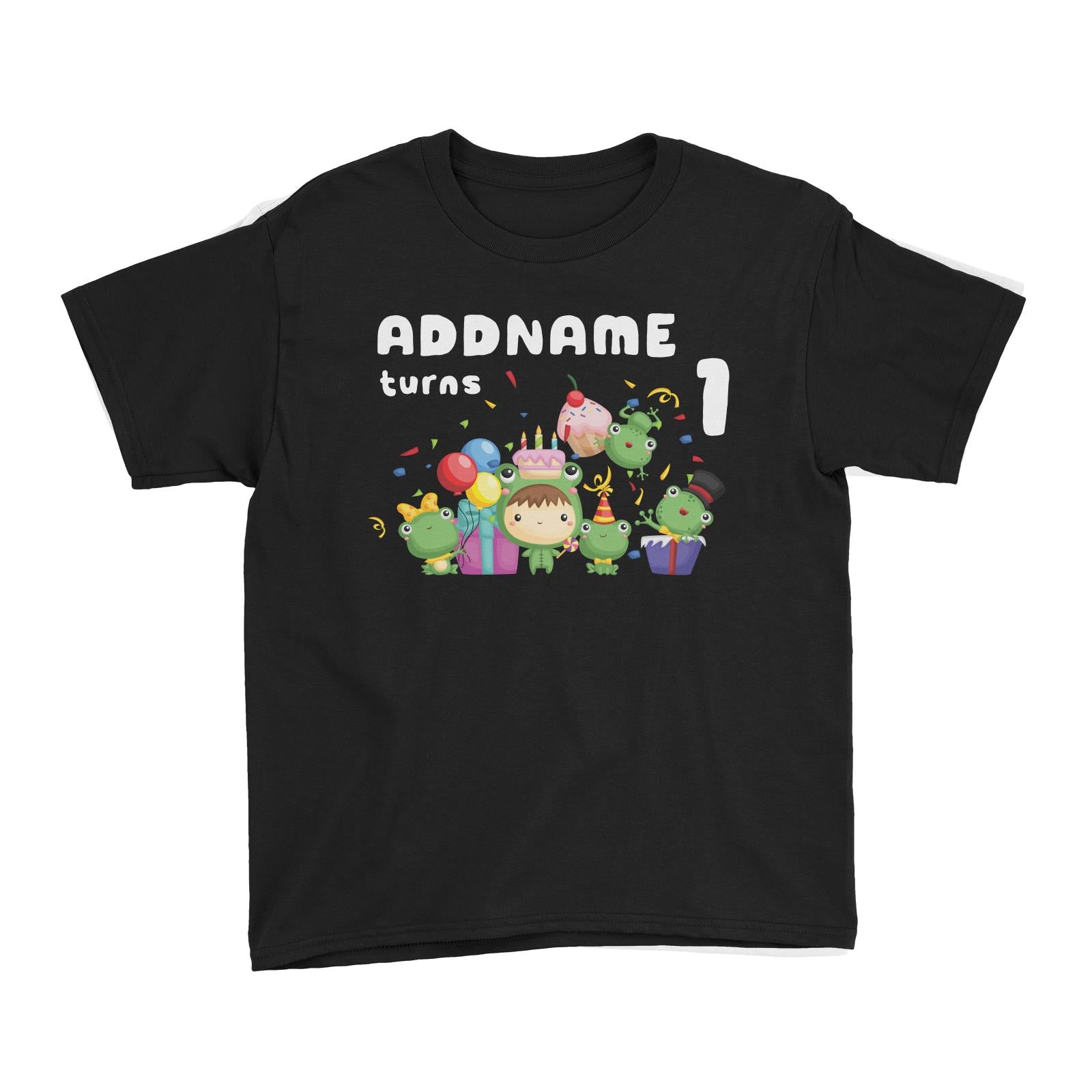 Birthday Frog Happy Frog Group Addname Turns 1 Kid's T-Shirt