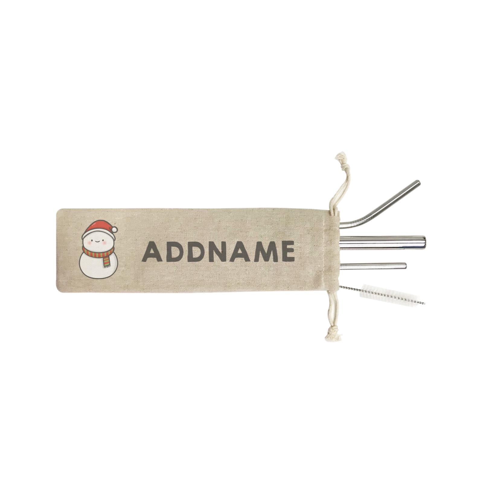 Xmas Cute Snowman Facing Foward Addname SB 4-in-1 Stainless Steel Straw Set In a Satchel