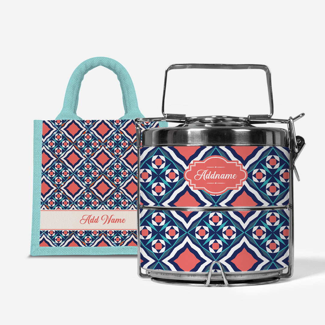 Moroccan Series Premium Two Tier Tiffin With Half Lining Lunch Bag  - Chihab Light Blue