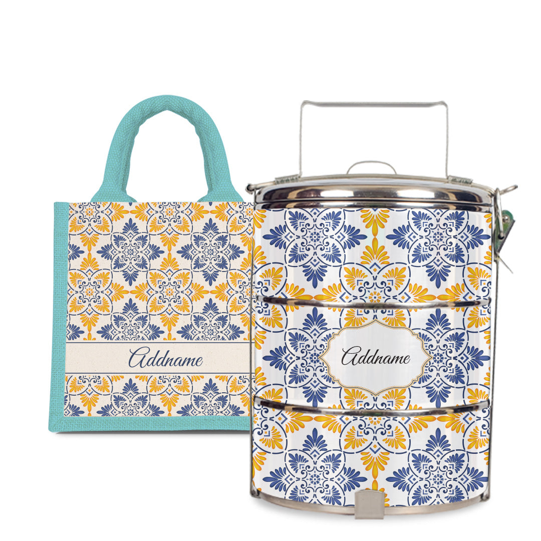 Moroccan Series - Arabesque Butter Blue  - Lunch Tote Bag with Three-Tier Tiffin Carrier