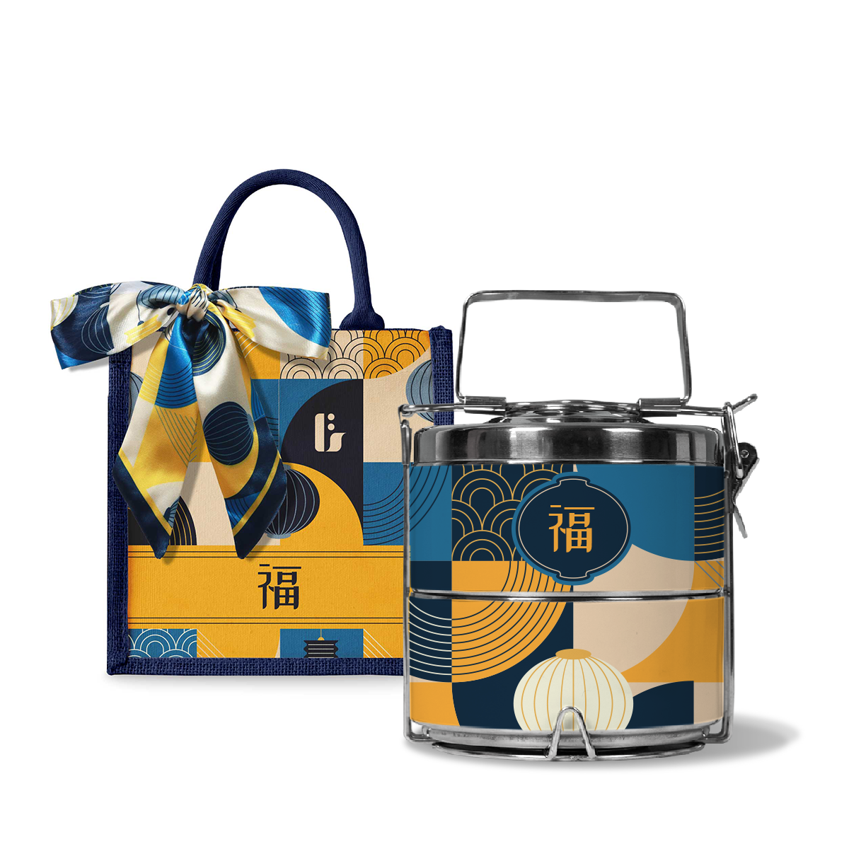 Lunar Blessing (Navy Design) - Lunch Tote Bag with Two-Tier Tiffin Carrier