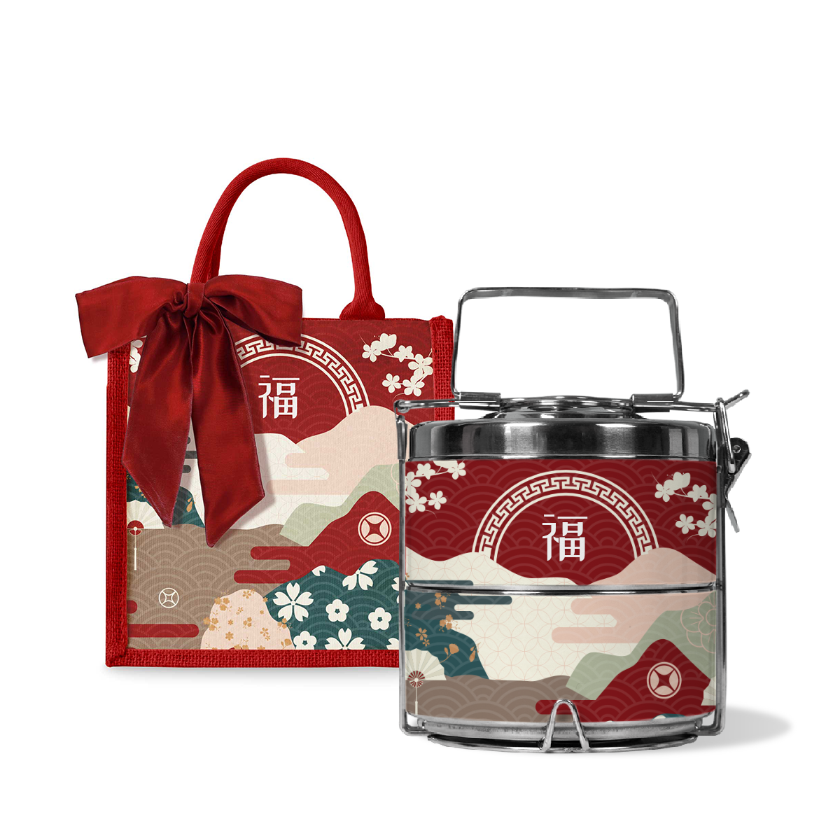 Fortune Garden (Red Design) - Lunch Tote Bag with Two-Tier Tiffin Carrier