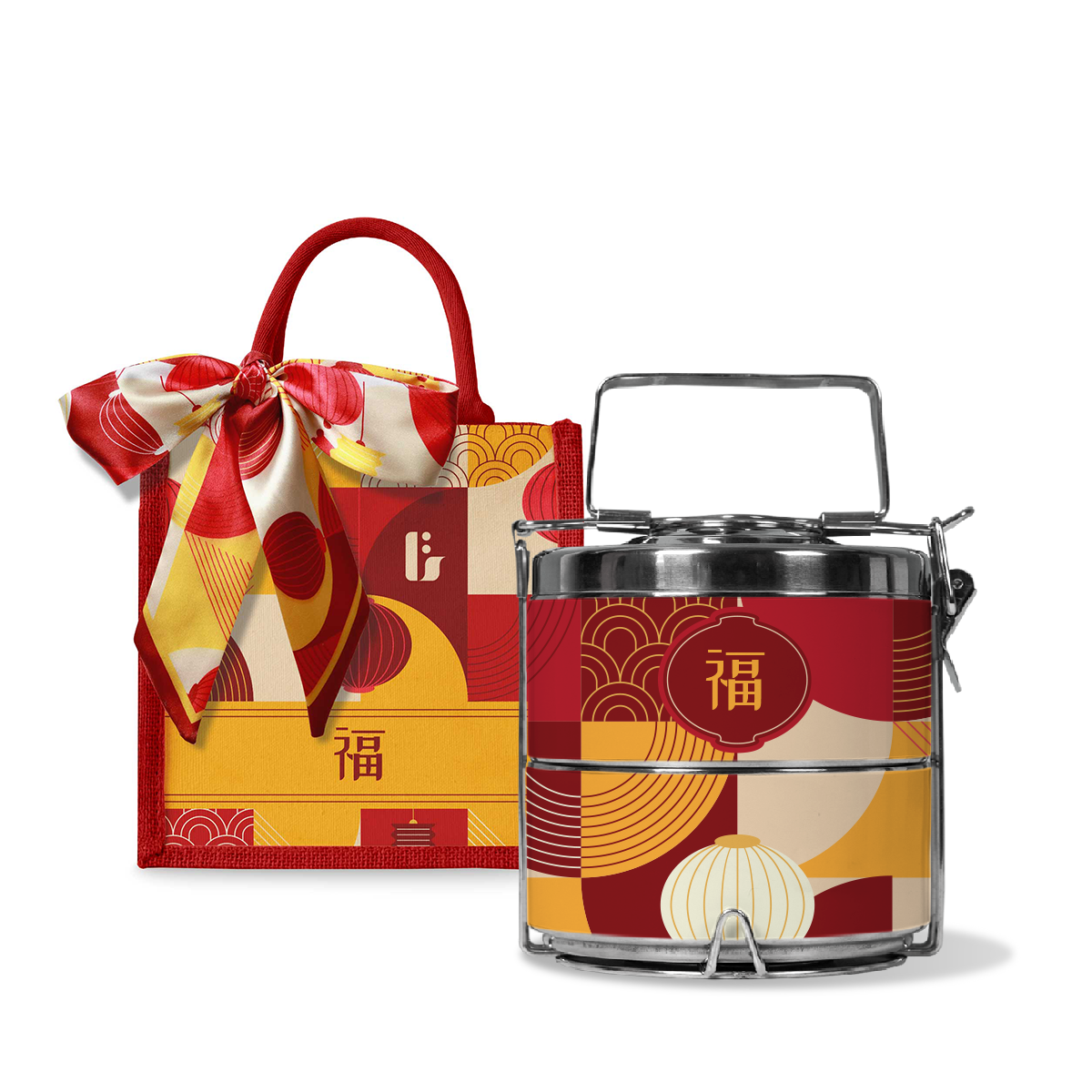 Lunar Blessing (Red Design) - Lunch Tote Bag with Two-Tier Tiffin Carrier