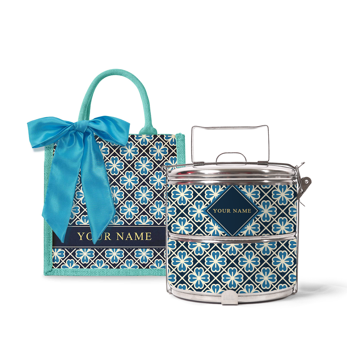Lucky Jade (Navy Design) - Lunch Tote Bag with Two-Tier Tiffin Carrier