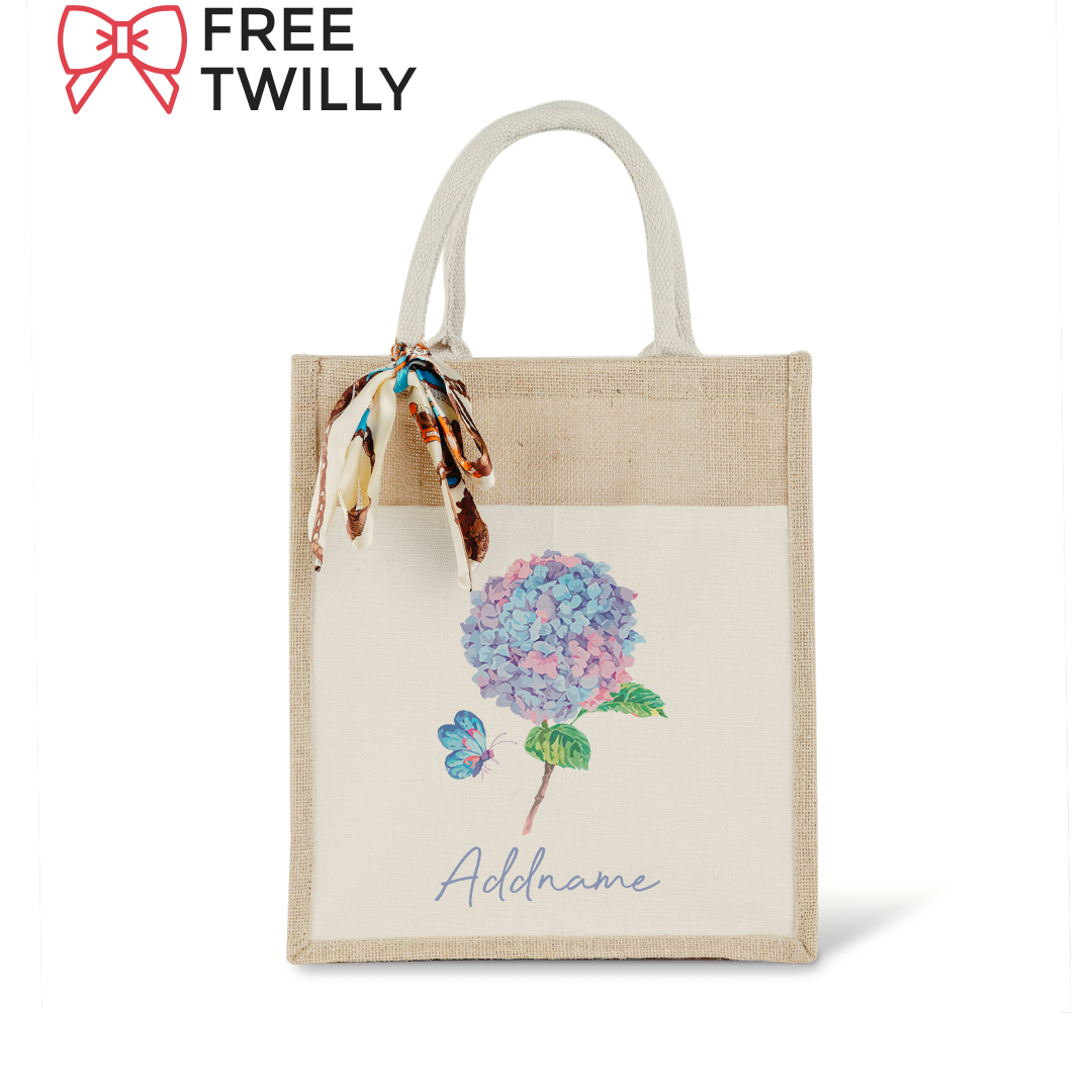 Hydrangea with Colourful Jute Bag with Front Pocket