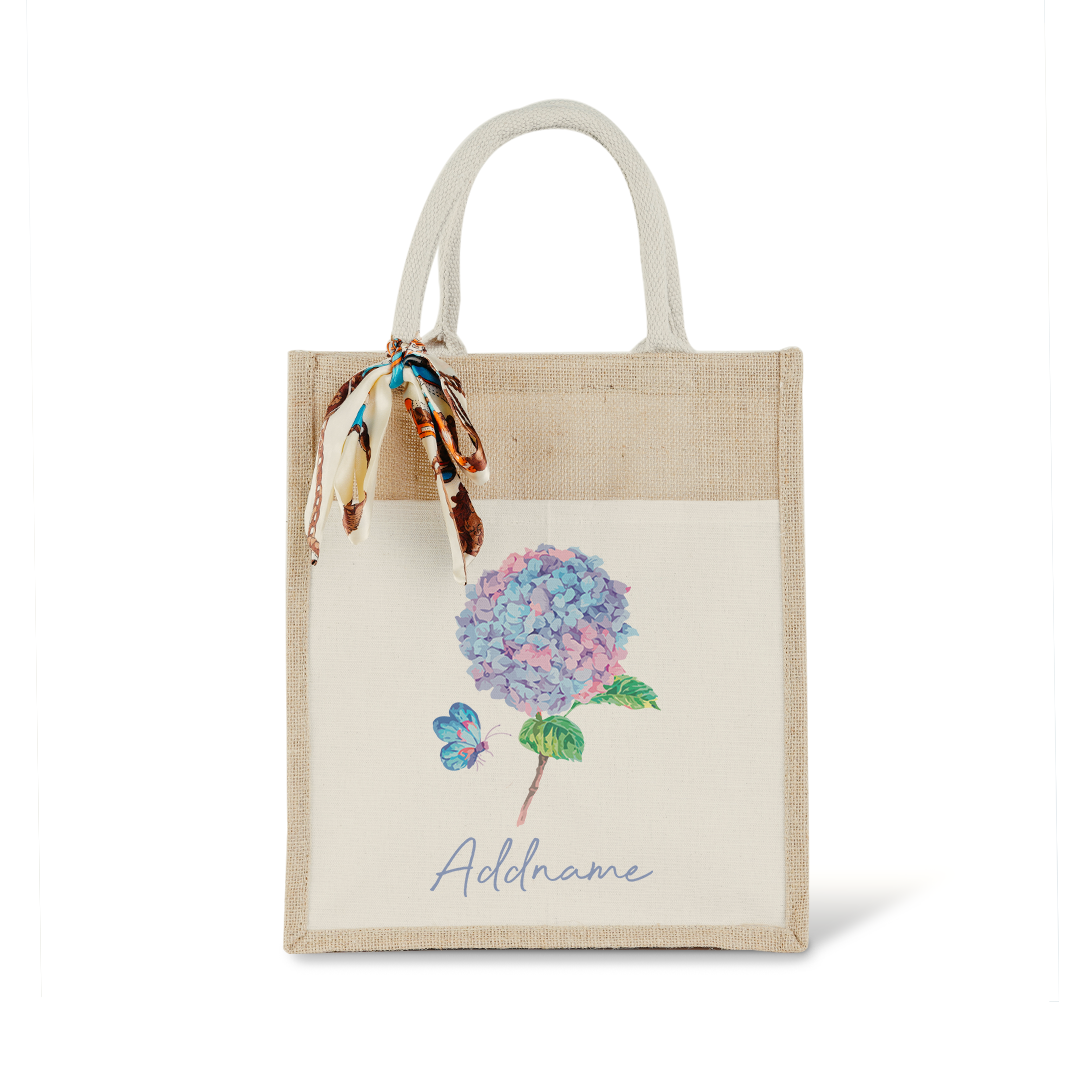 Hydrangea with Colourful Jute Bag with Front Pocket