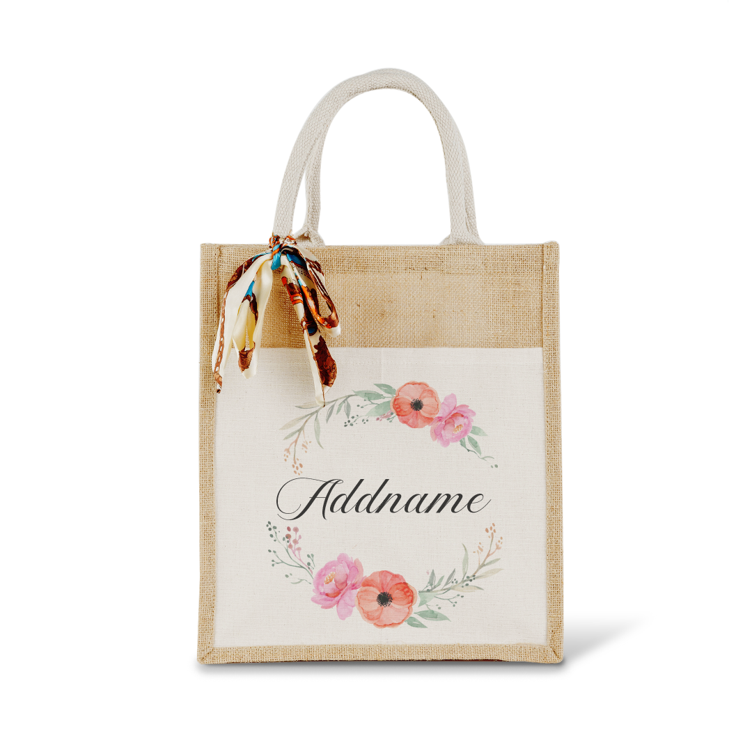 Elegant Flower Wreath Colourful Jute Bag With Front Pocket
