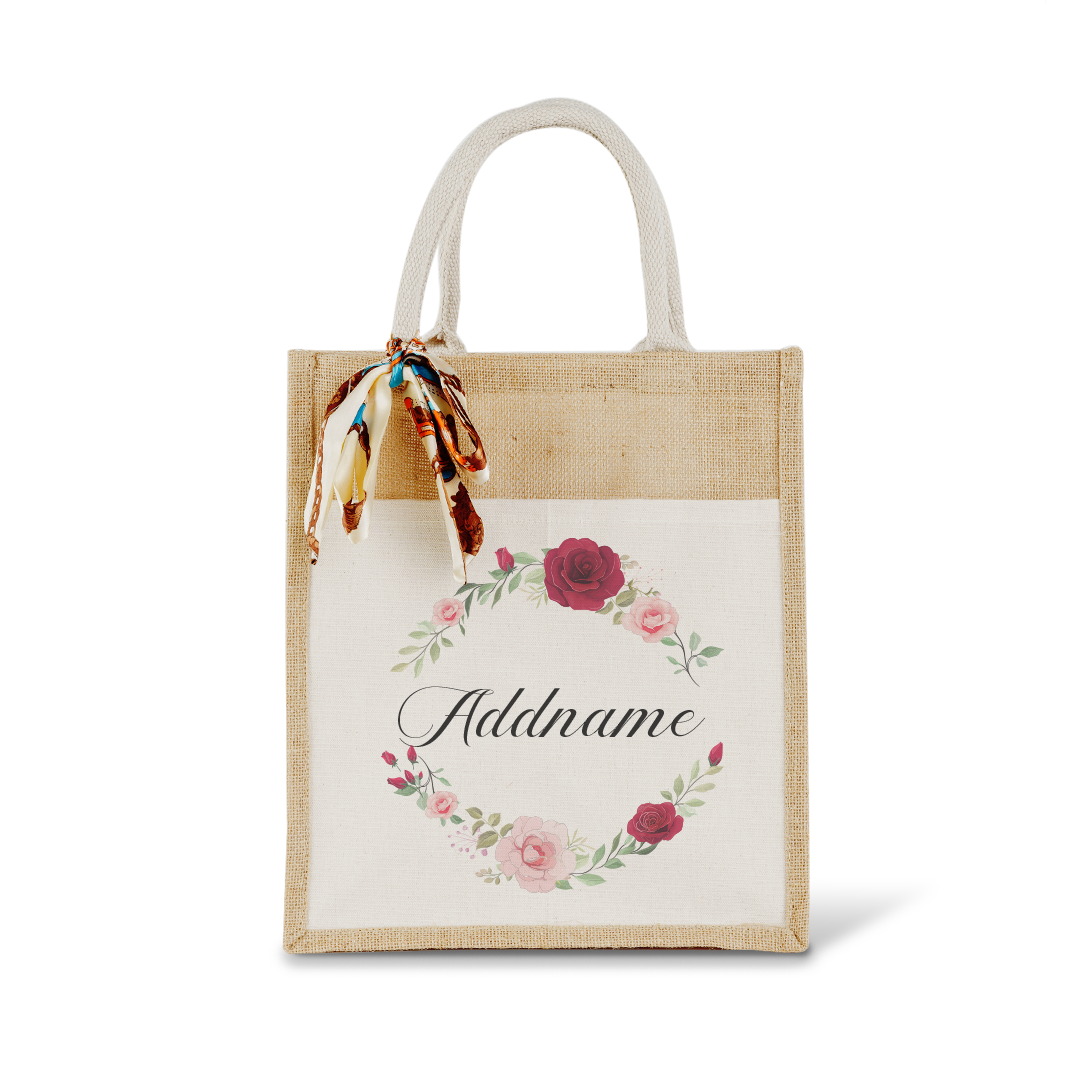 Luxurious Flower Wreath Colourful Jute Bag With Front Pocket
