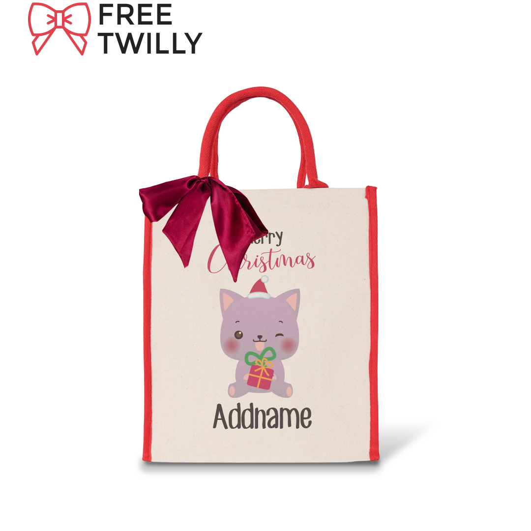 Christmas Cute Animal Series Merry Christmas Cat Red Colour Lining Canvas Bag