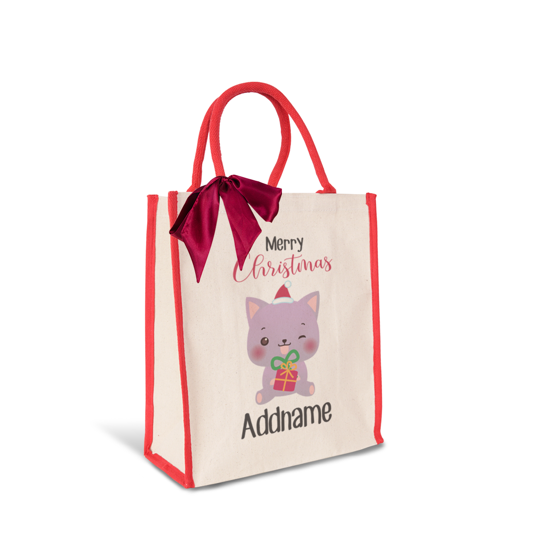 Christmas Cute Animal Series Merry Christmas Cat Red Colour Lining Canvas Bag