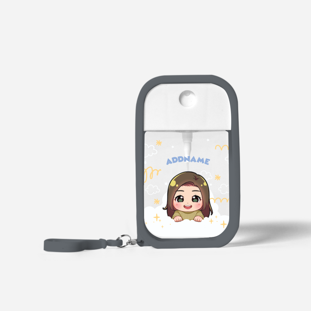 Chibi Me Series Refillable Hand Sanitizer with Personalisation - Chinese Female Grey
