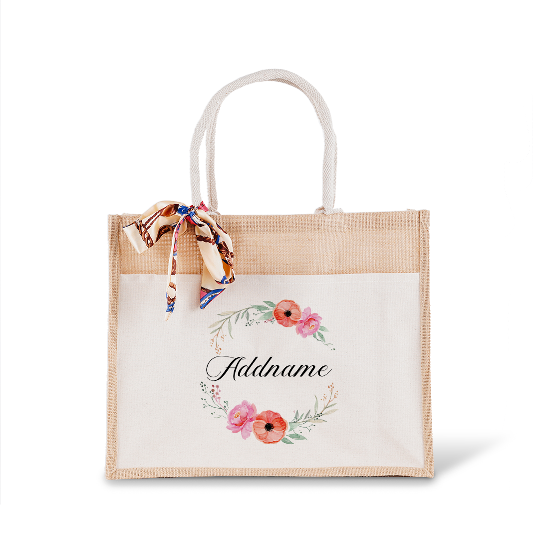 Elegant Flower Wreath Jute Bag with Front Pocket