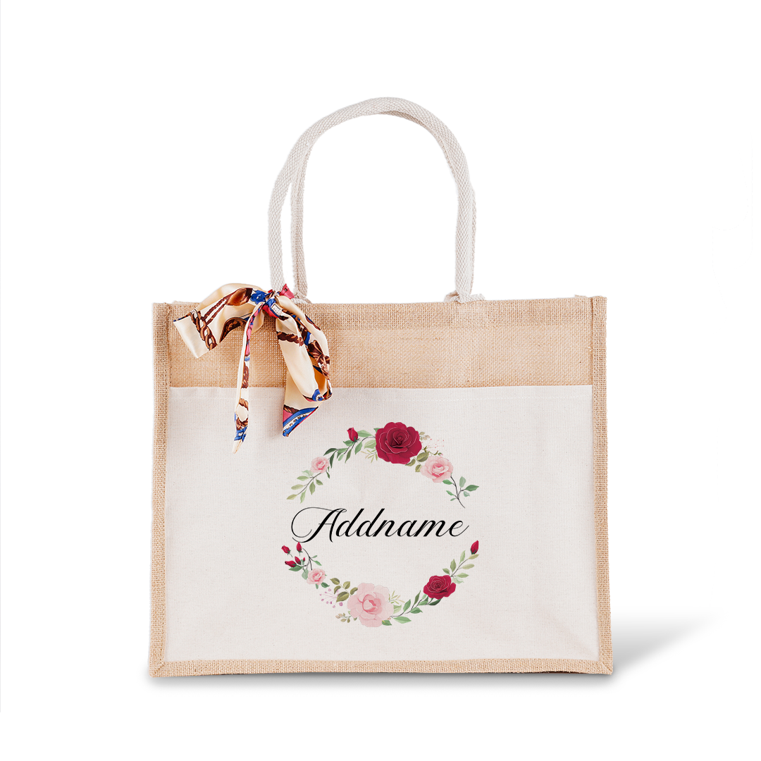 Luxurious Flower Wreath Jute Bag with Front Pocket