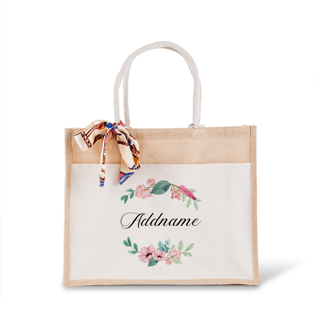 Beautiful Flower Wreath Jute Bag with Front Pocket