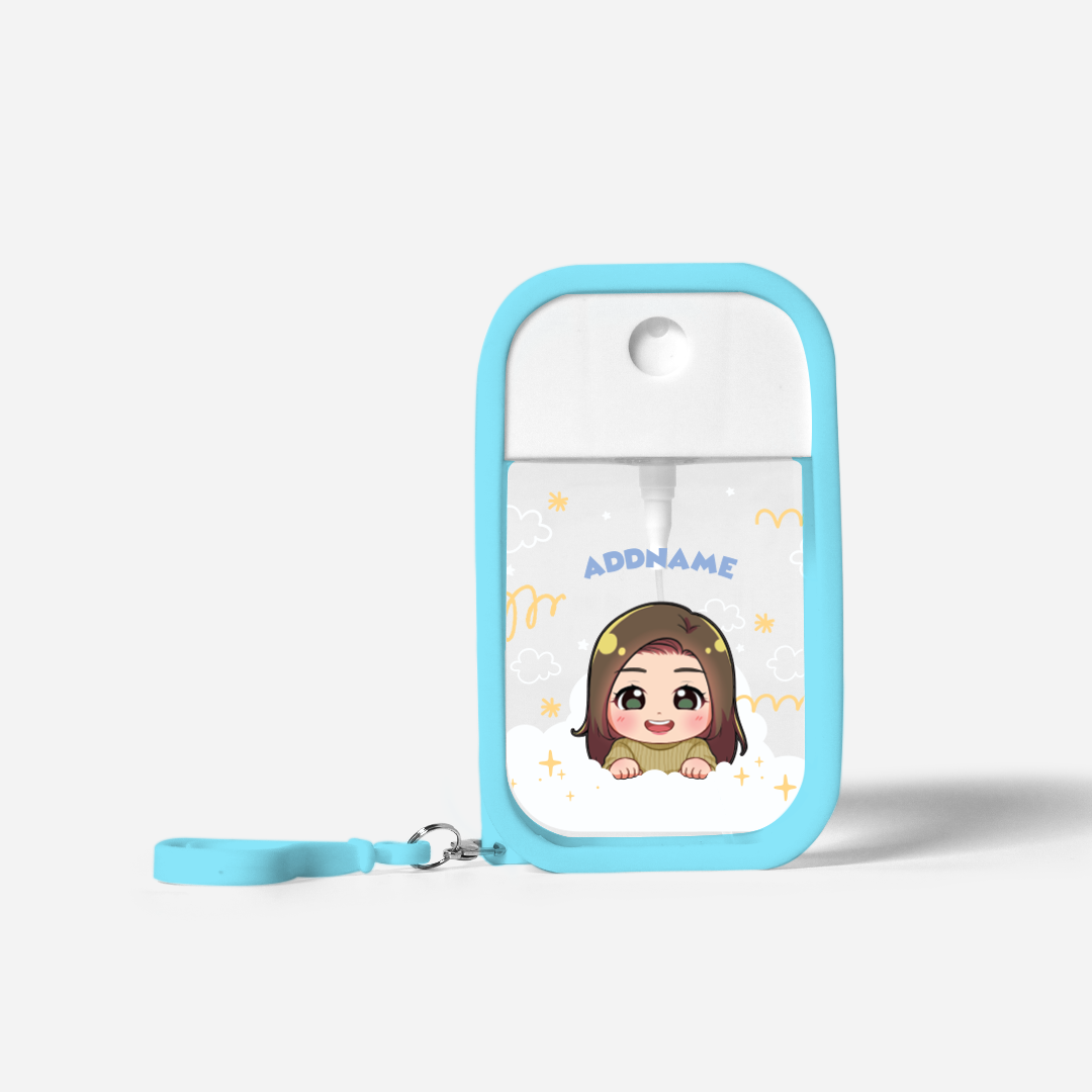 Chibi Me Series Refillable Hand Sanitizer with Personalisation - Chinese Female Light BLue