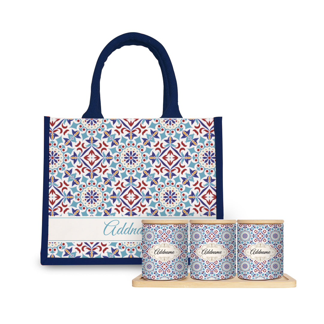 Arabesque Agean Blue Canister with Half Lining Small Jute Bag