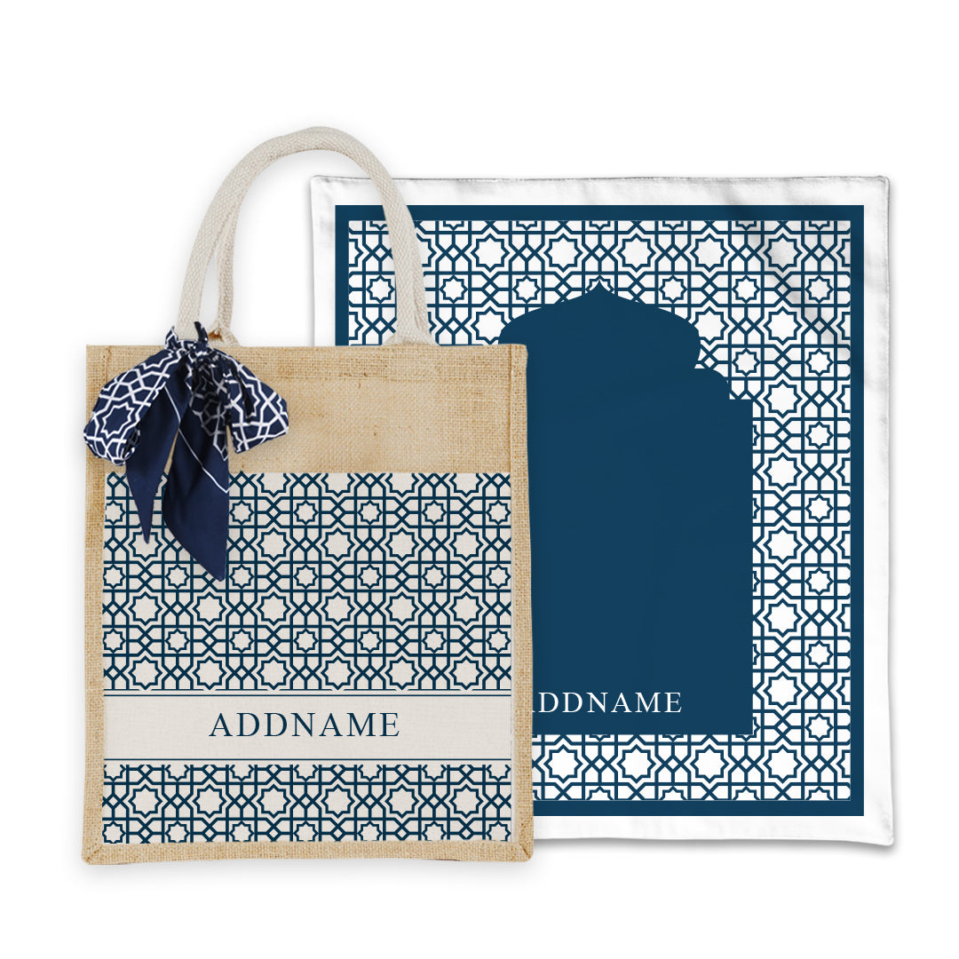 Annas Series - Prussian Blue Prayer Mat with Matching Colourful Jute Bag