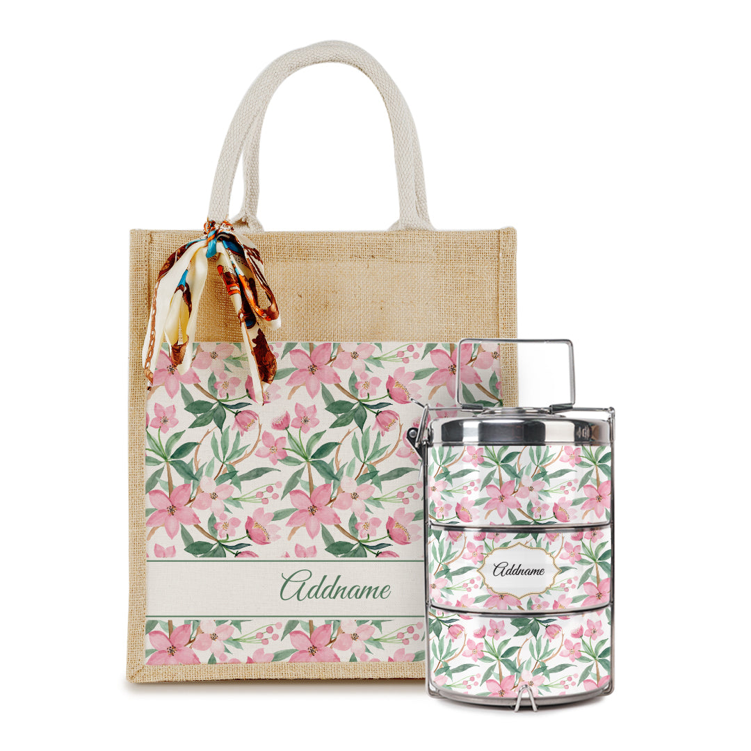 Laura Series - Blossom Colourful Jute Bag with Tiffin Carrier Set