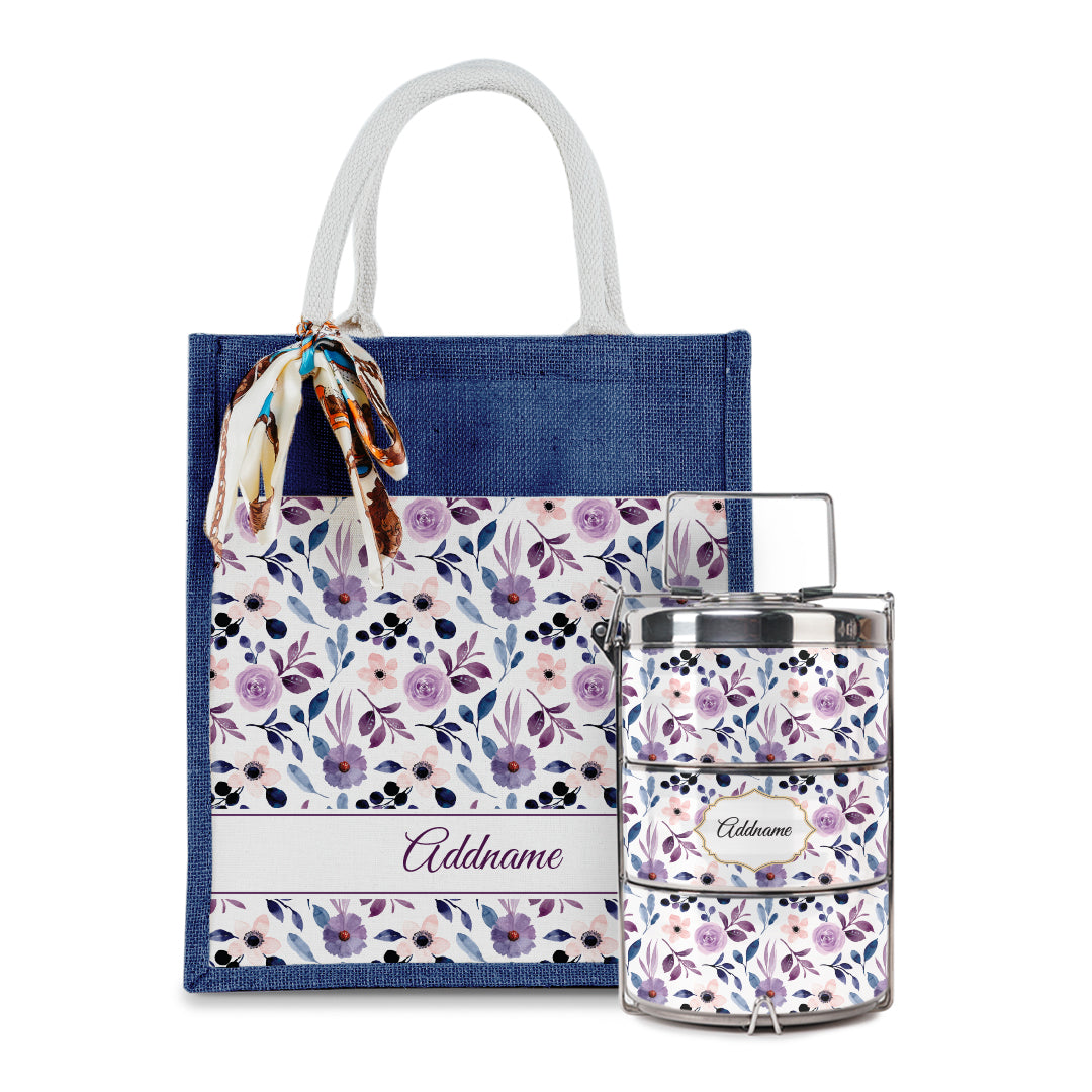 Laura Series - Violet Colorful Jute Bag with Front Pocket with Tiffin Carrier Set