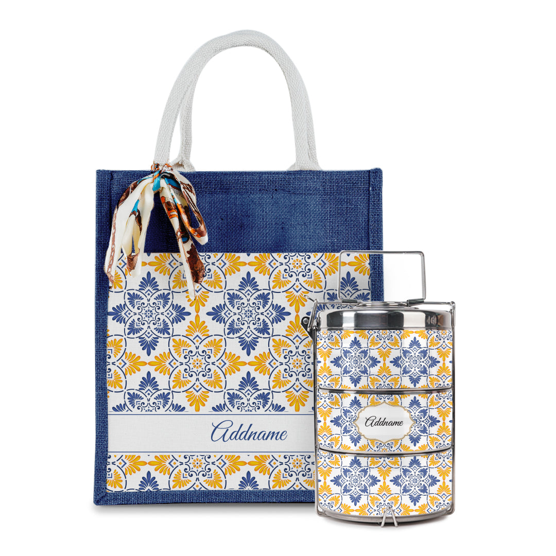 Arabesque Butter Blue Colourful Jute Bag with Tiffin Carrier Set