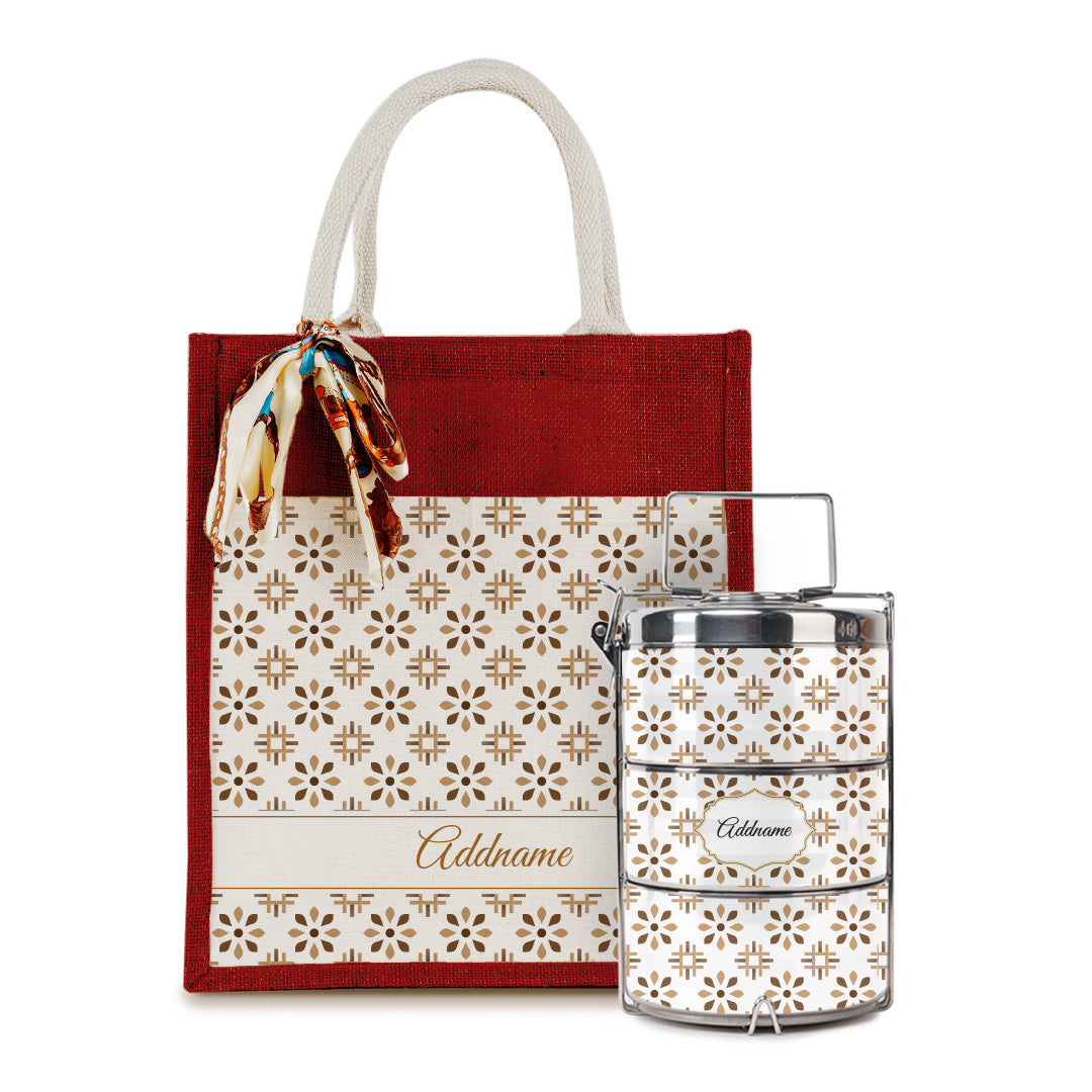 Arabesque Tawny Brown Colourful Jute Bag with Tiffin Carrier Set