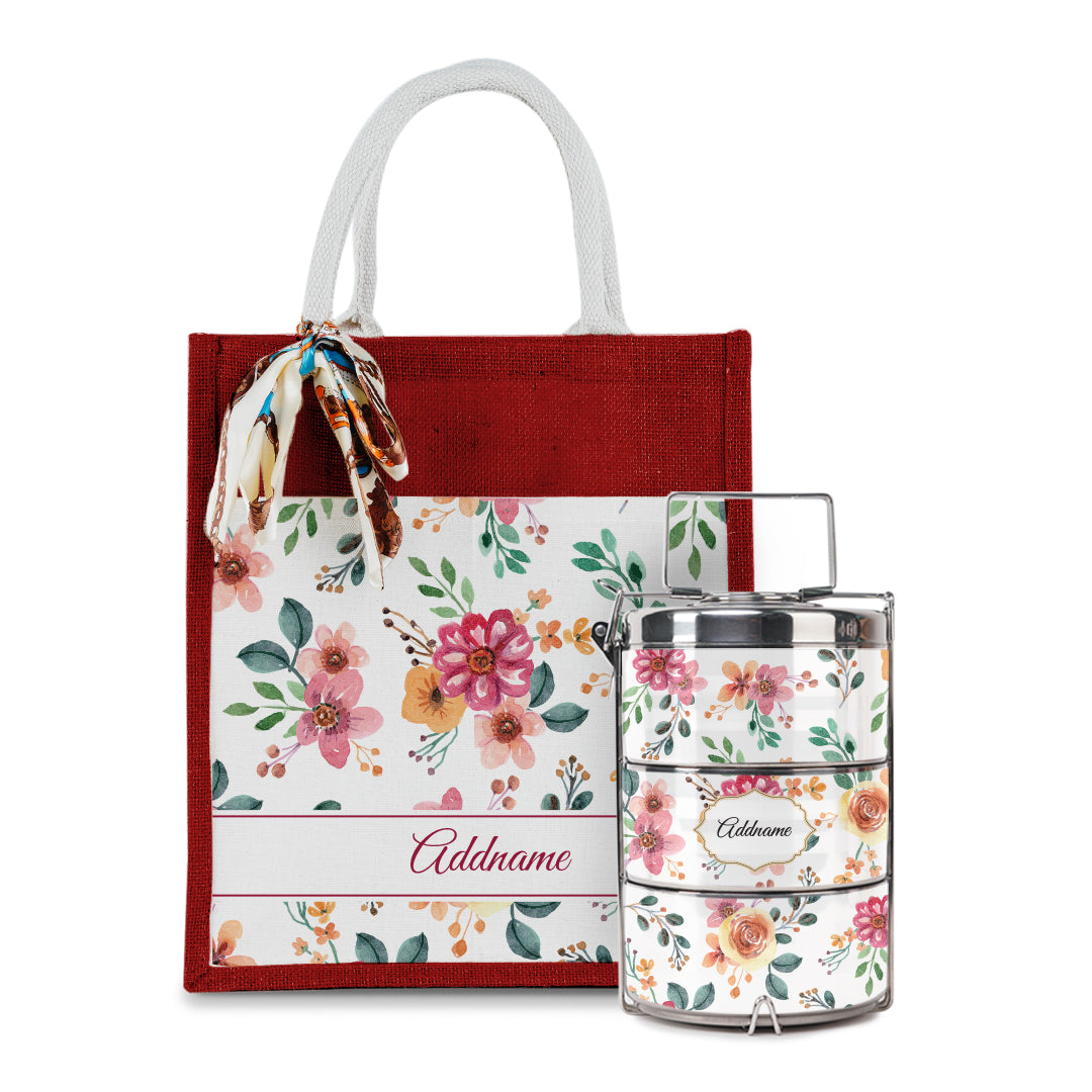 Laura Series - Garnet Colorful Jute Bag with Tiffin Carrier Set