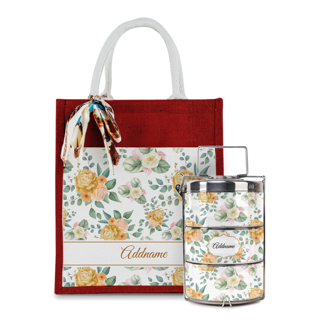 Laura Series - Honey Colorful Jute Bag with Tiffin Carrier Set