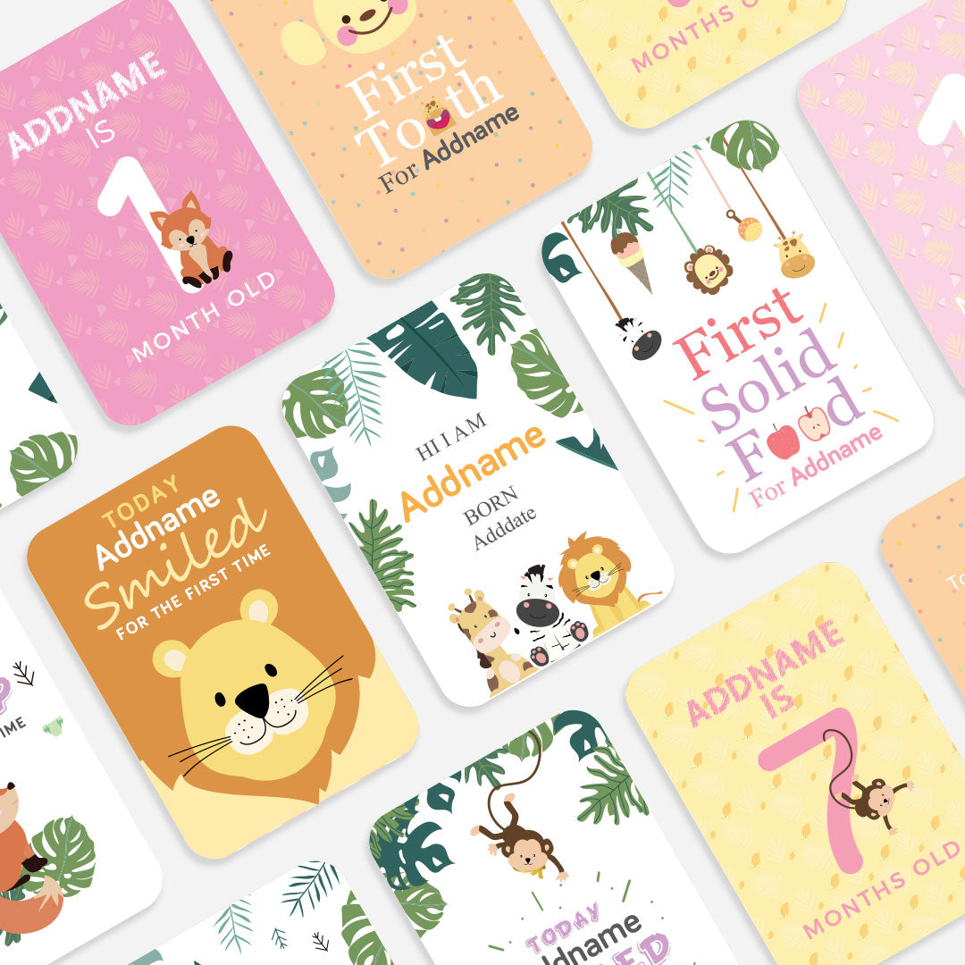 Safari Animal Girl Personalised Baby Milestone Cards