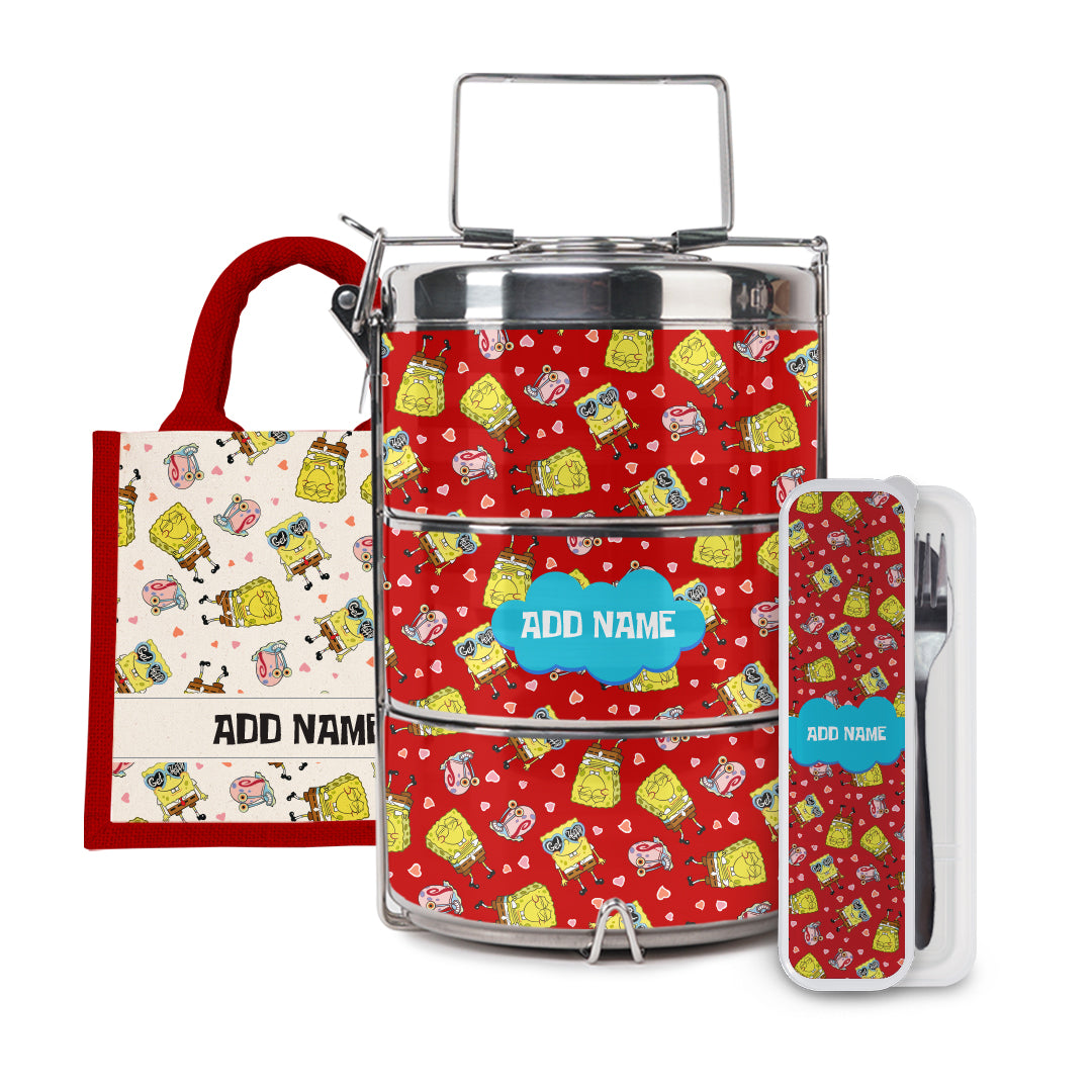 SpongeBob - Get Happy Pattern Personalized Half Lining Lunch Bag , Tiffin Carrier and Cutlery Set