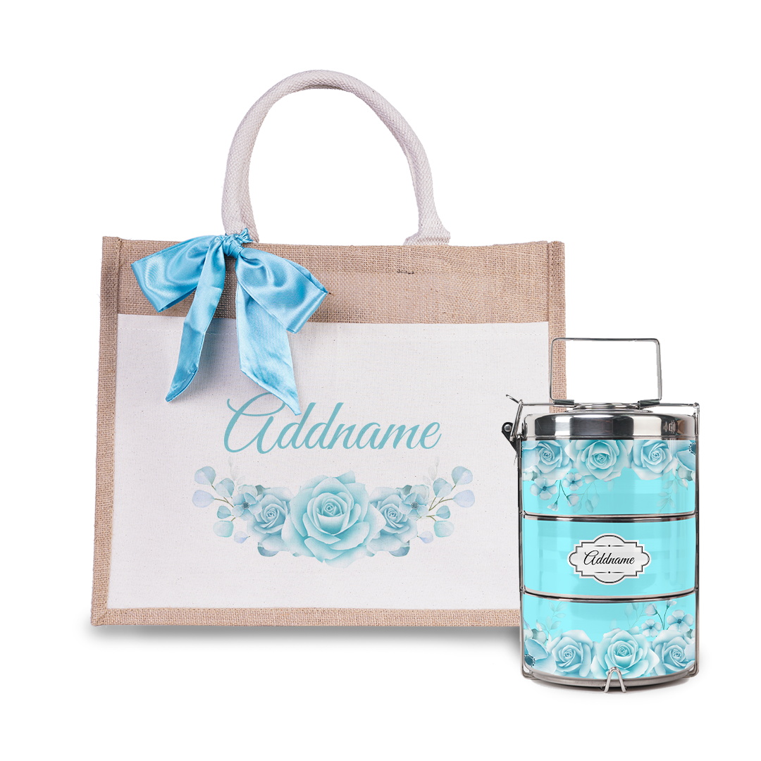 Turquoise Rose Tiffin Carrier and Jute Bag with Front Pocket Set
