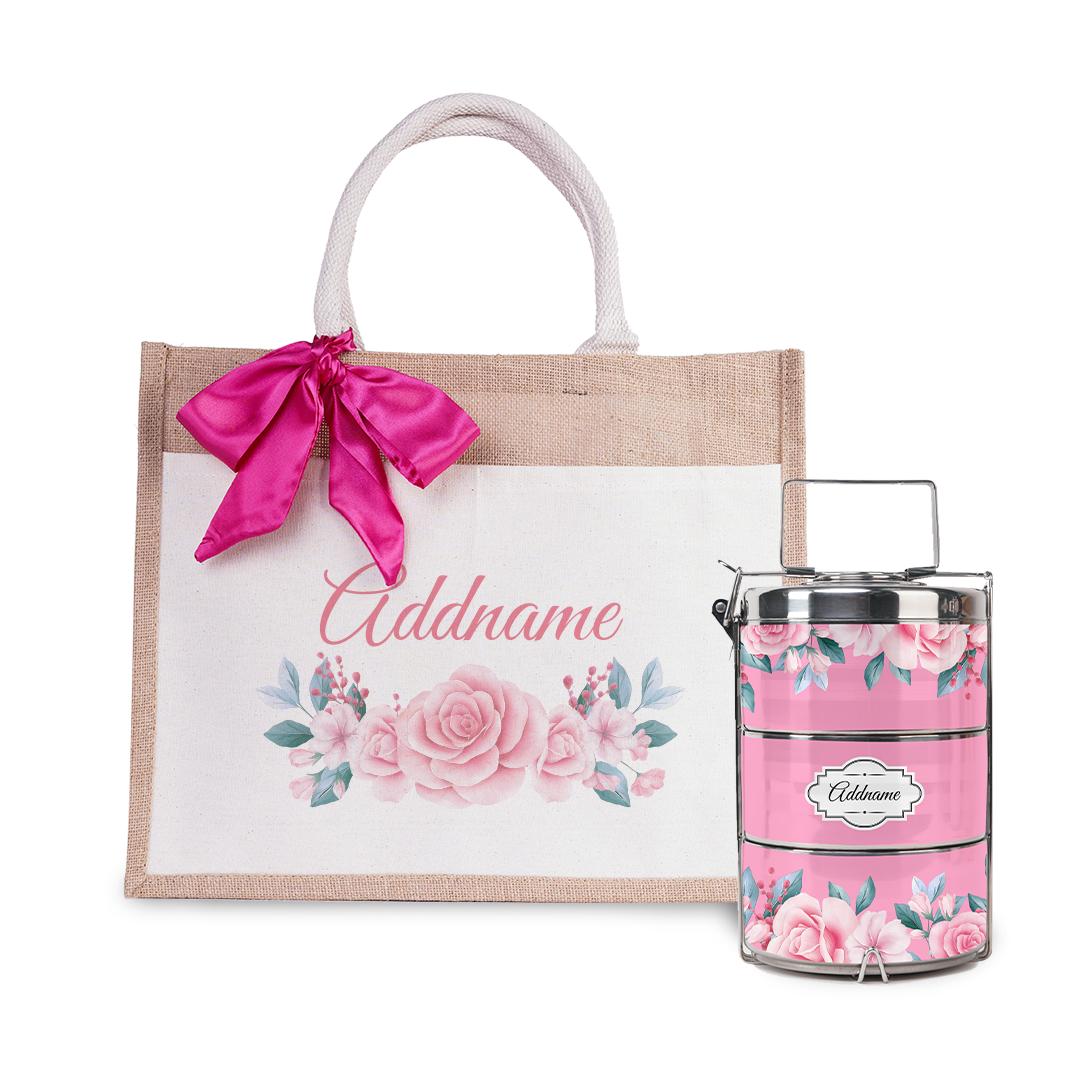 Pink Rose Tiffin Carrier and Jute Bag with Front Pocket Set
