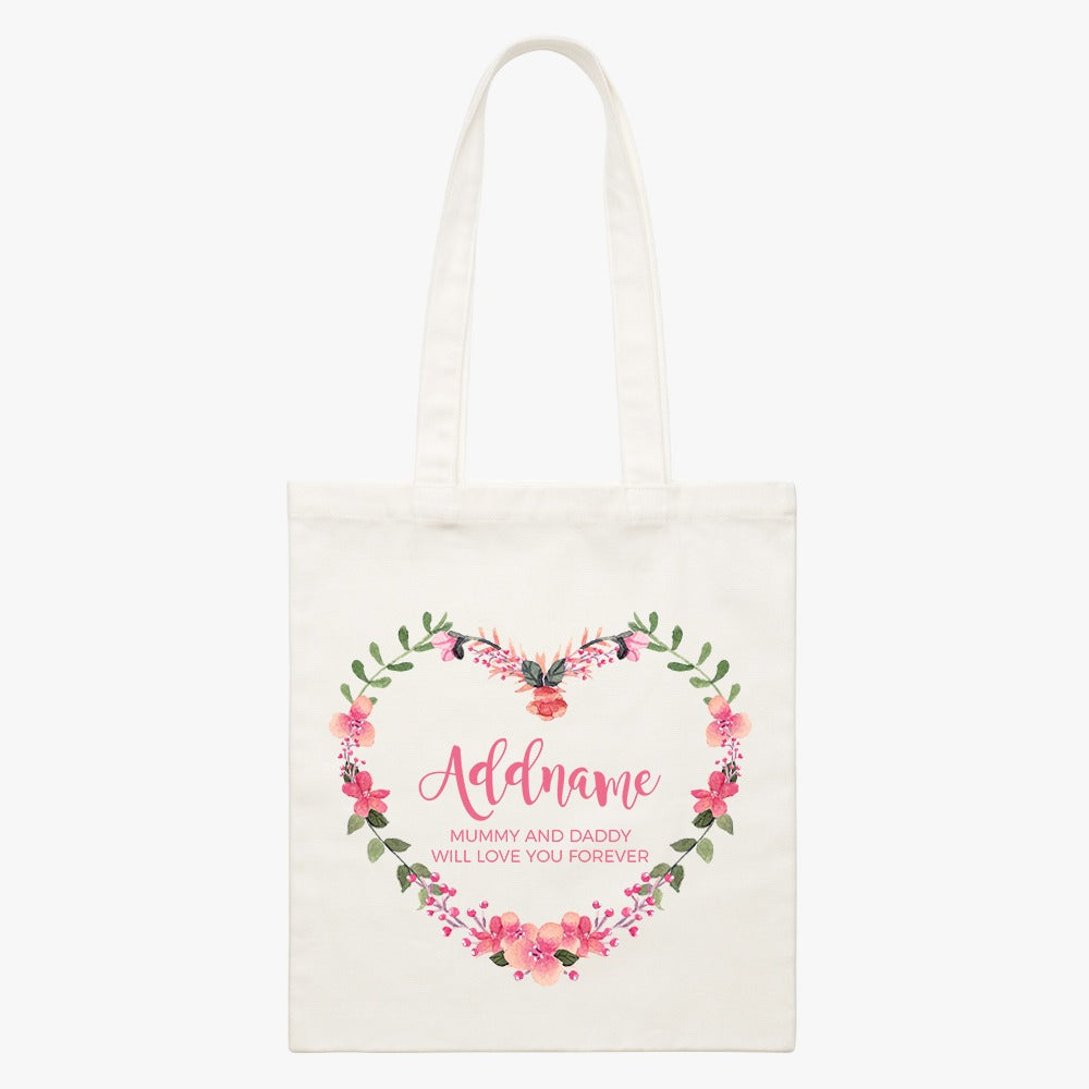 Pink Heart Shaped Flower Wreath Personalizable with Name and Text Canvas Bag
