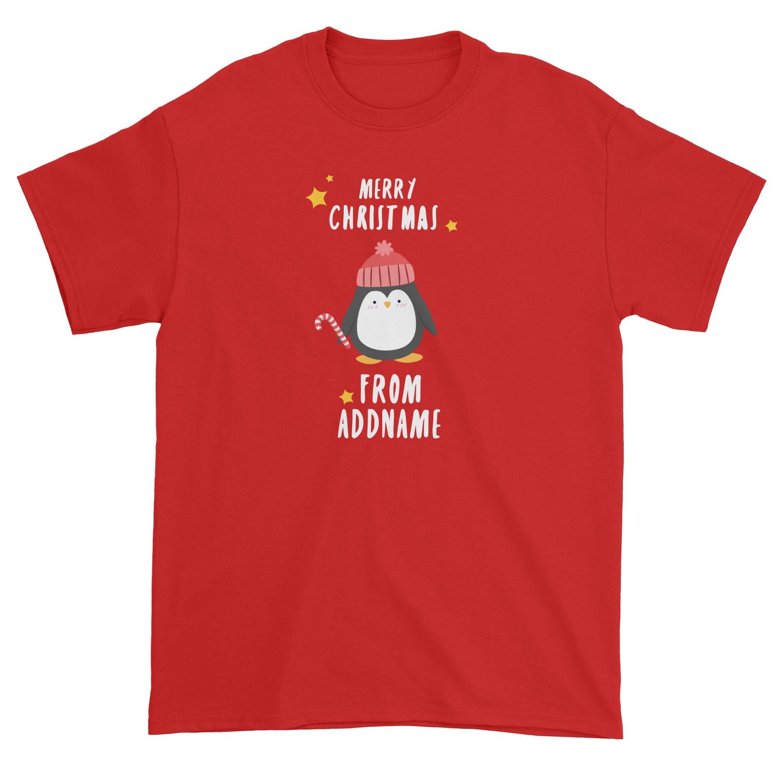 Cute Penguin Merry Christmas Greeting Addname Unisex T-Shirt  Animal Personalizable Designs Matching Family