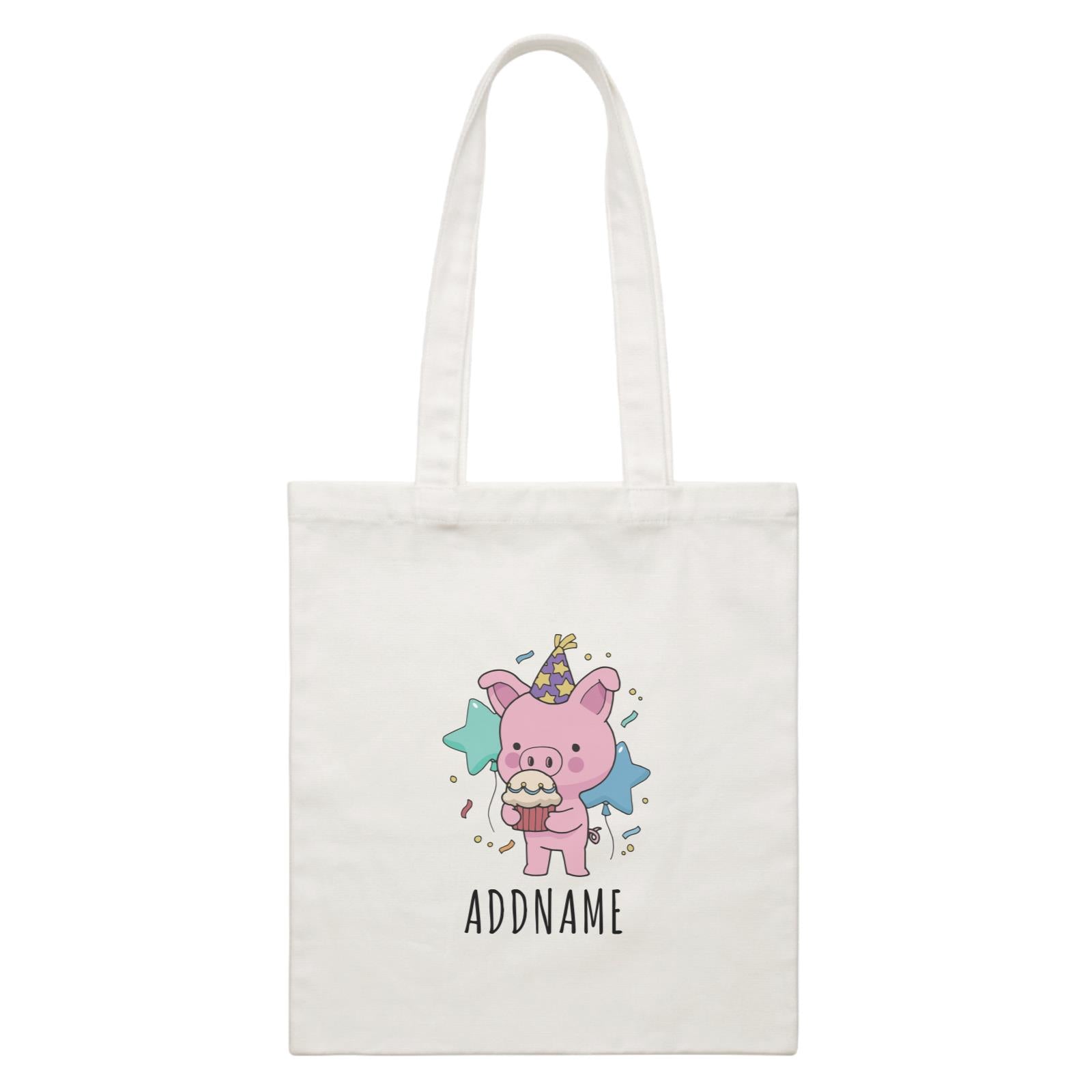 Birthday Sketch Animals Pig with Party Hat Eating Cupcake Addname White Canvas Bag