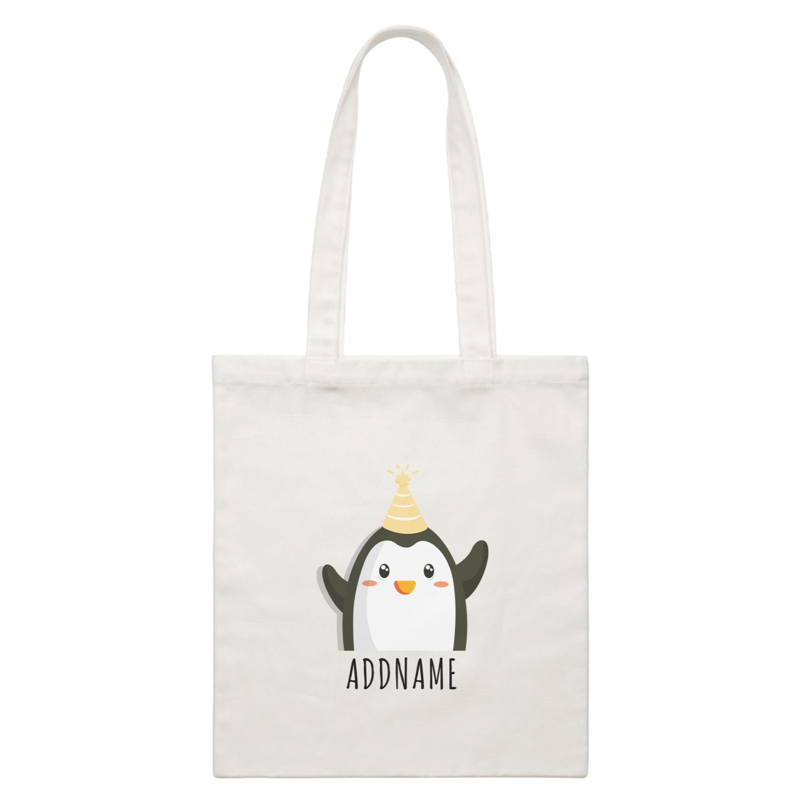 Birthday Cute Penguin Wearing Party Hat Addname White Canvas Bag
