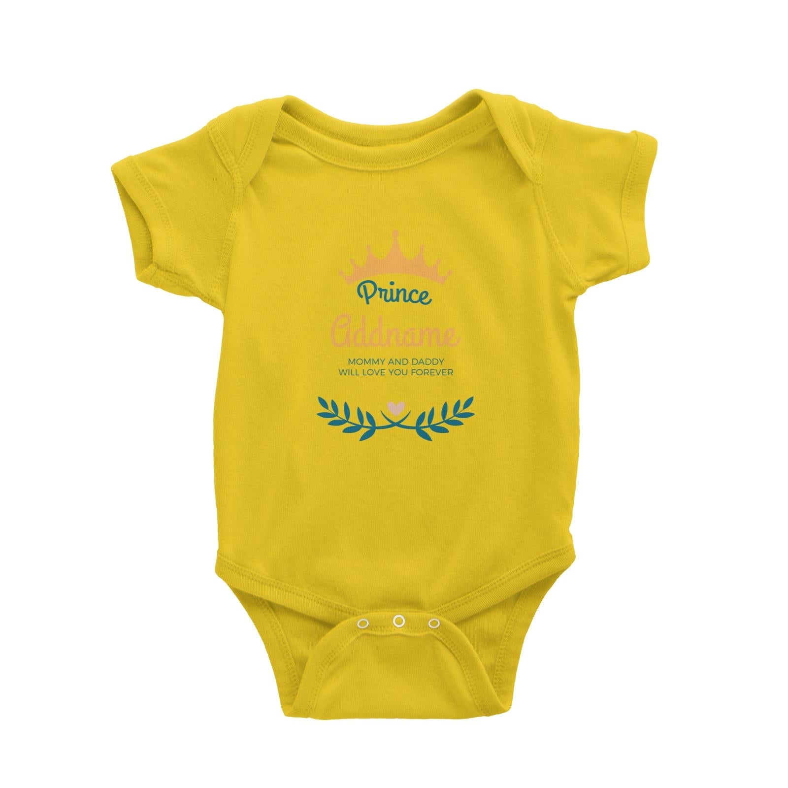Prince with Crown and Blue Leaves Personalizable with Name and Text Baby Romper