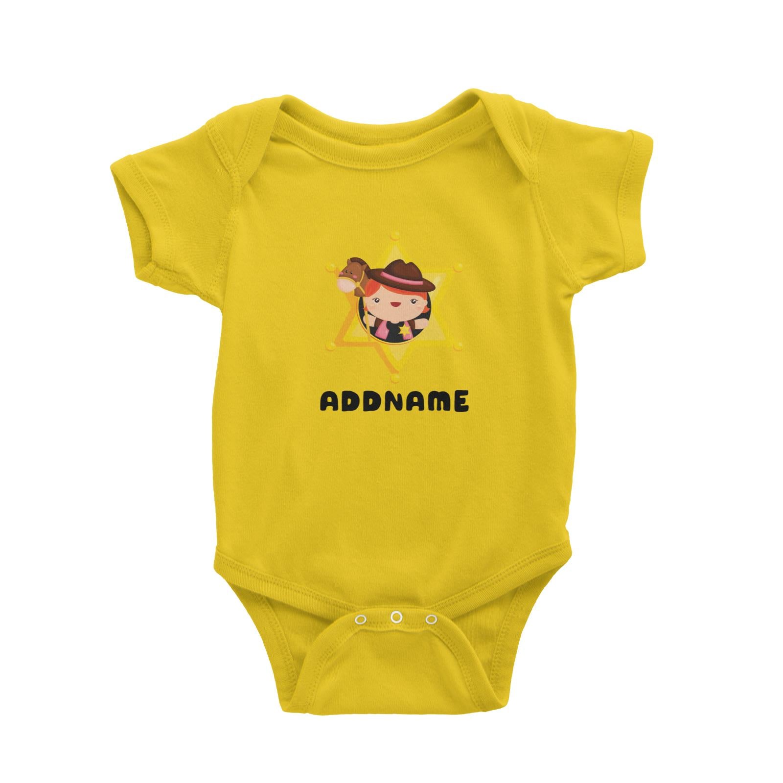 Birthday Cowboy Style Little Cowgirl Holding Toy Horse In Star Badge Addname Baby Romper